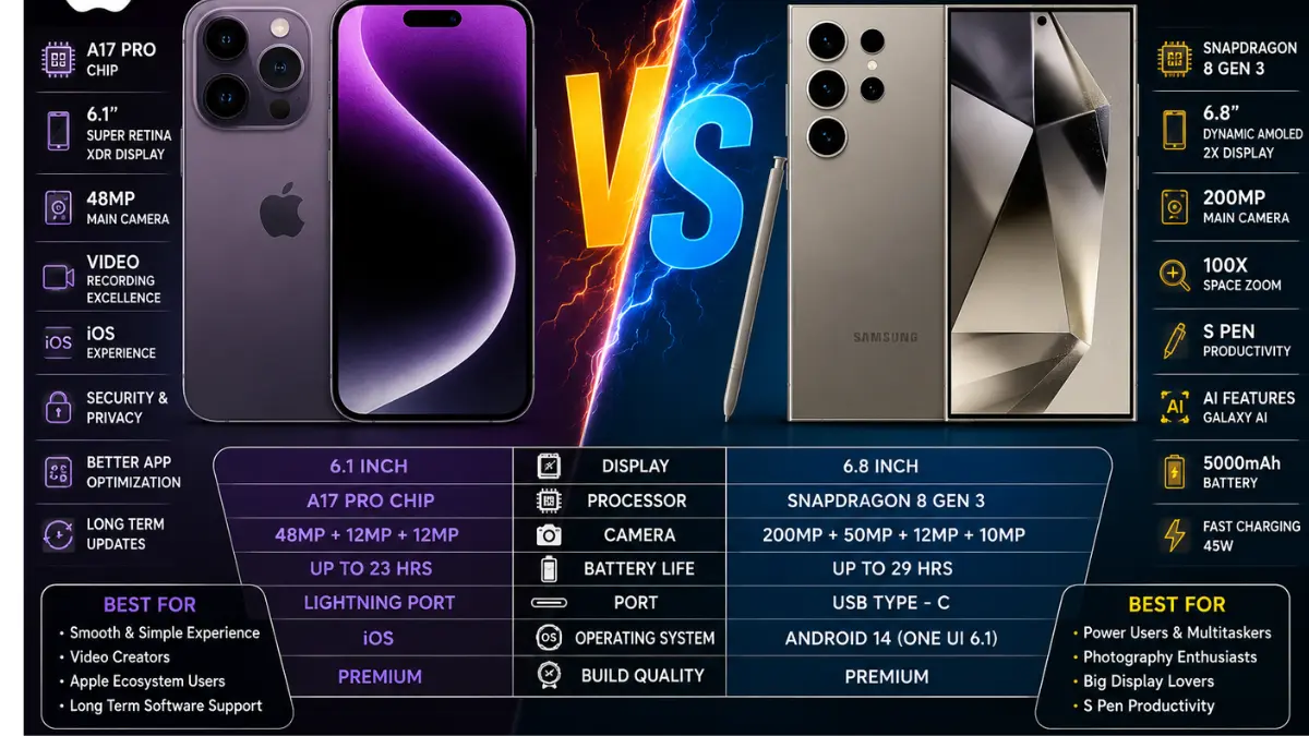 iPhone vs Samsung Galaxy S24 Ultra comparison in Hindi showing camera, display, battery and performance differences.