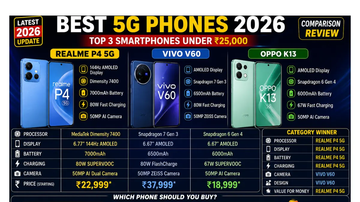 Best Smartphone Under 25000, 5G Mobile, Realme P4 5G, Vivo V60, Oppo K13